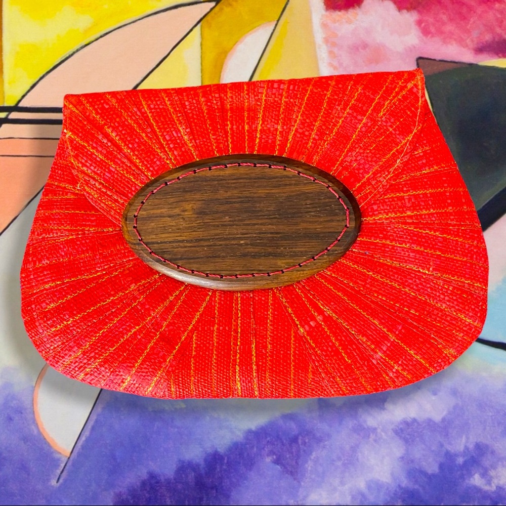 Mary Sol clutch strawberry red with gold stitching accented w/eucalyptus